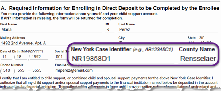 Shows child support account number at top of Direct Deposit enrollment form