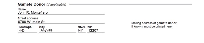 Gamete donor's address on back of form